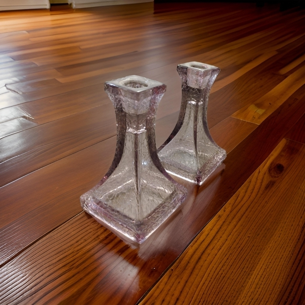 Antique Art Deco Glass Candle Stick Holders manganese Amethyst square Pair 6”. C - Picture 3 of 4